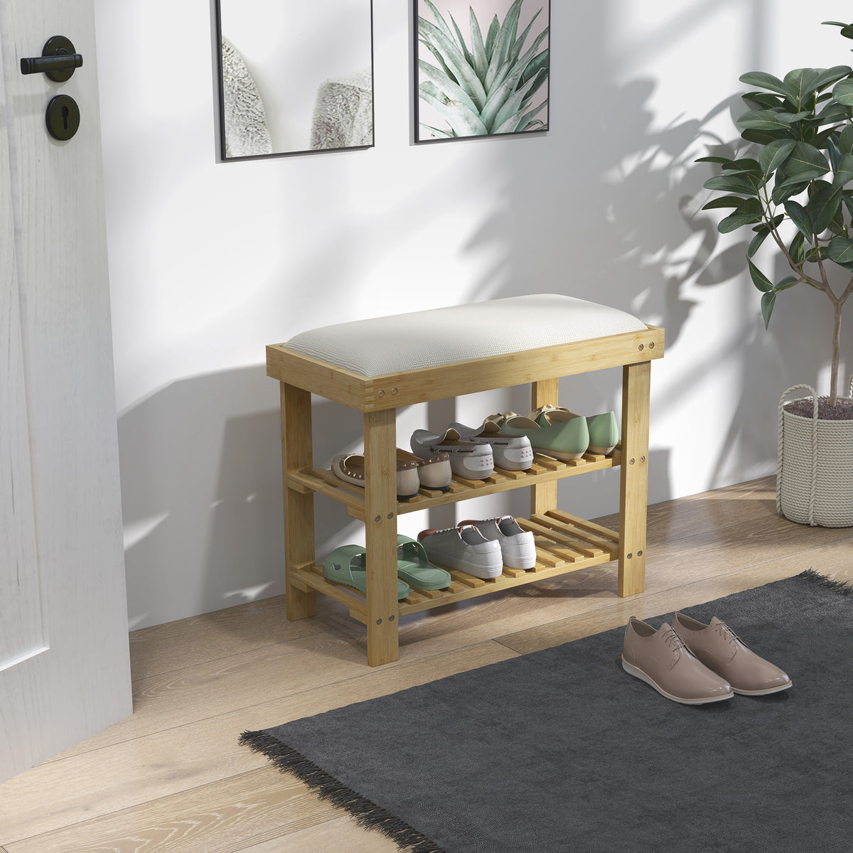 Schuhbank mit Sitzfläche, Bambus Sitzbank mit Stauraum, 2 offene Fächer, Sitzbank 60 x 29 x 49 cm Cremeweiß