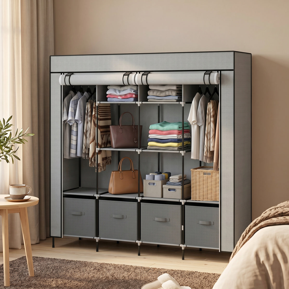 Kleiderschrank Stoffschrank, Türen, 2 Kleiderstangen, 10 Fächer, Grau