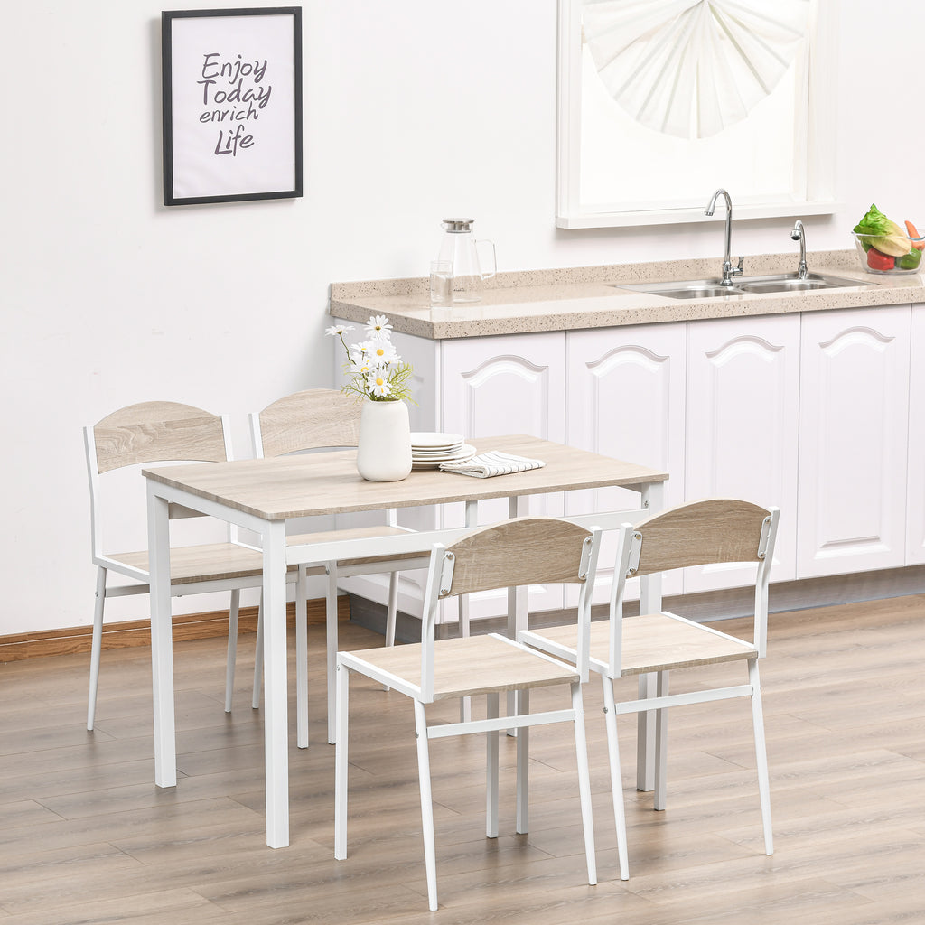 Essgruppe 5-teilig Esstisch Set mit Holzmaserung MDF und Metall in Grau und Weiß, 1 Tisch und 4 Stühle für modernes Esszimmer