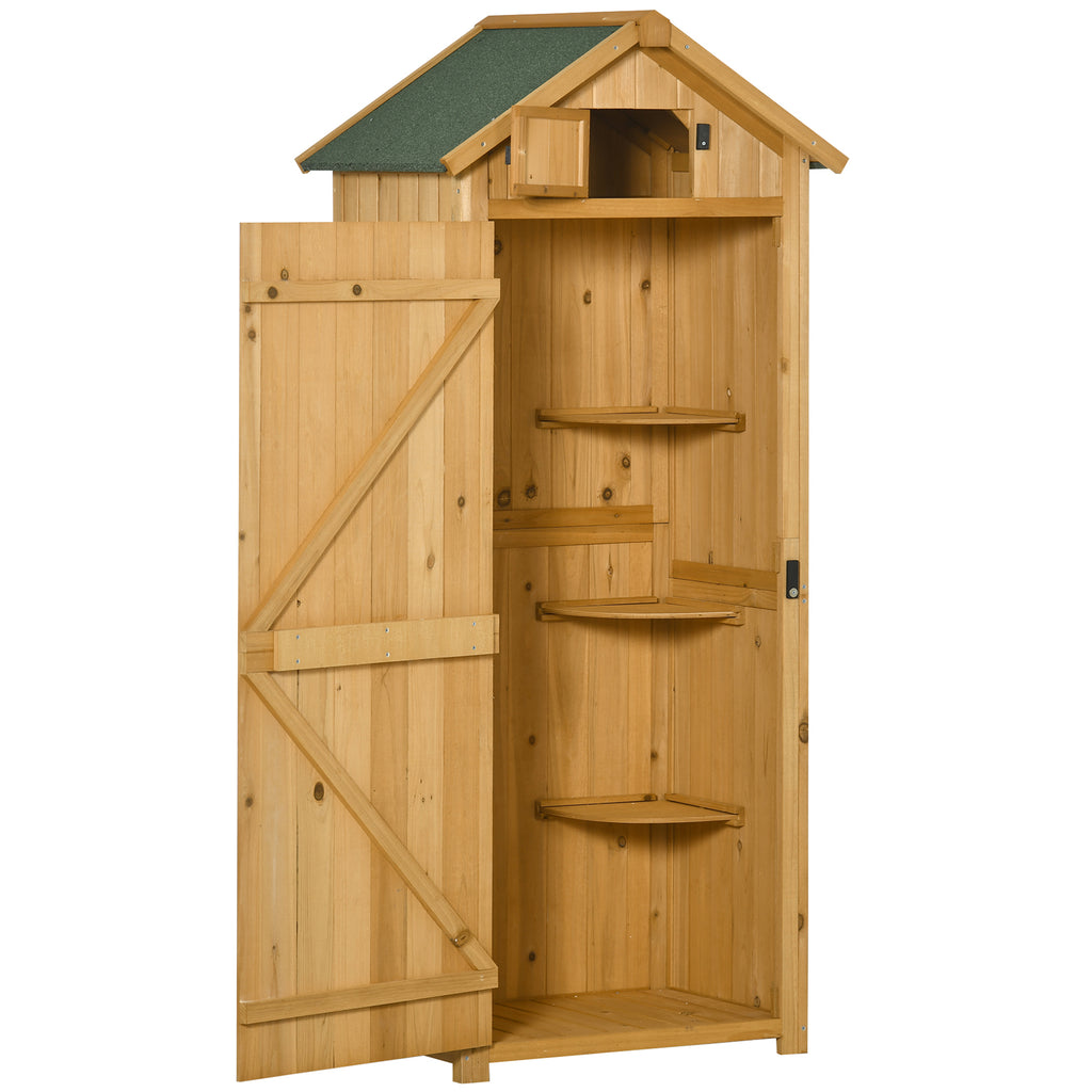  Garden Shed Vertical Utility 3 Shelves Shed Wood Outdoor Garden Tool Storage Unit Storage Cabinet, 77 x 54.2 x 179cm - Brown