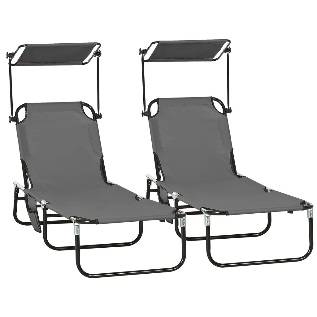 Set of Two Folding Sun Loungers, with Adjustable Backs and Sun Canopies - Grey