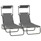 Set of Two Folding Sun Loungers, with Adjustable Backs and Sun Canopies - Grey