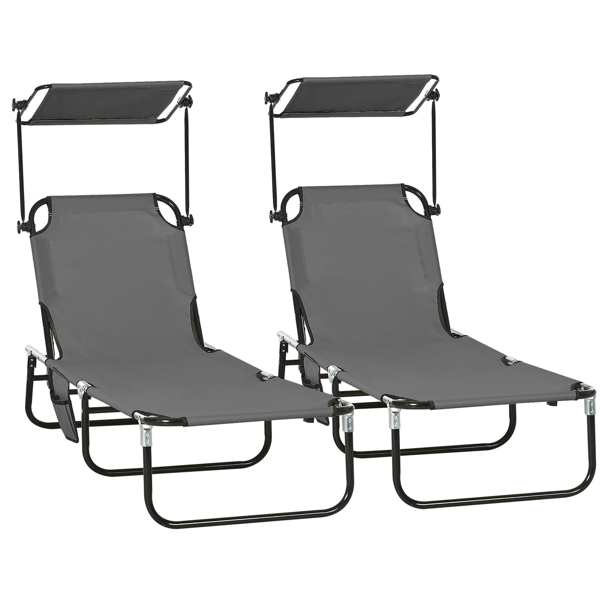 Set of Two Folding Sun Loungers, with Adjustable Backs and Sun Canopies - Grey