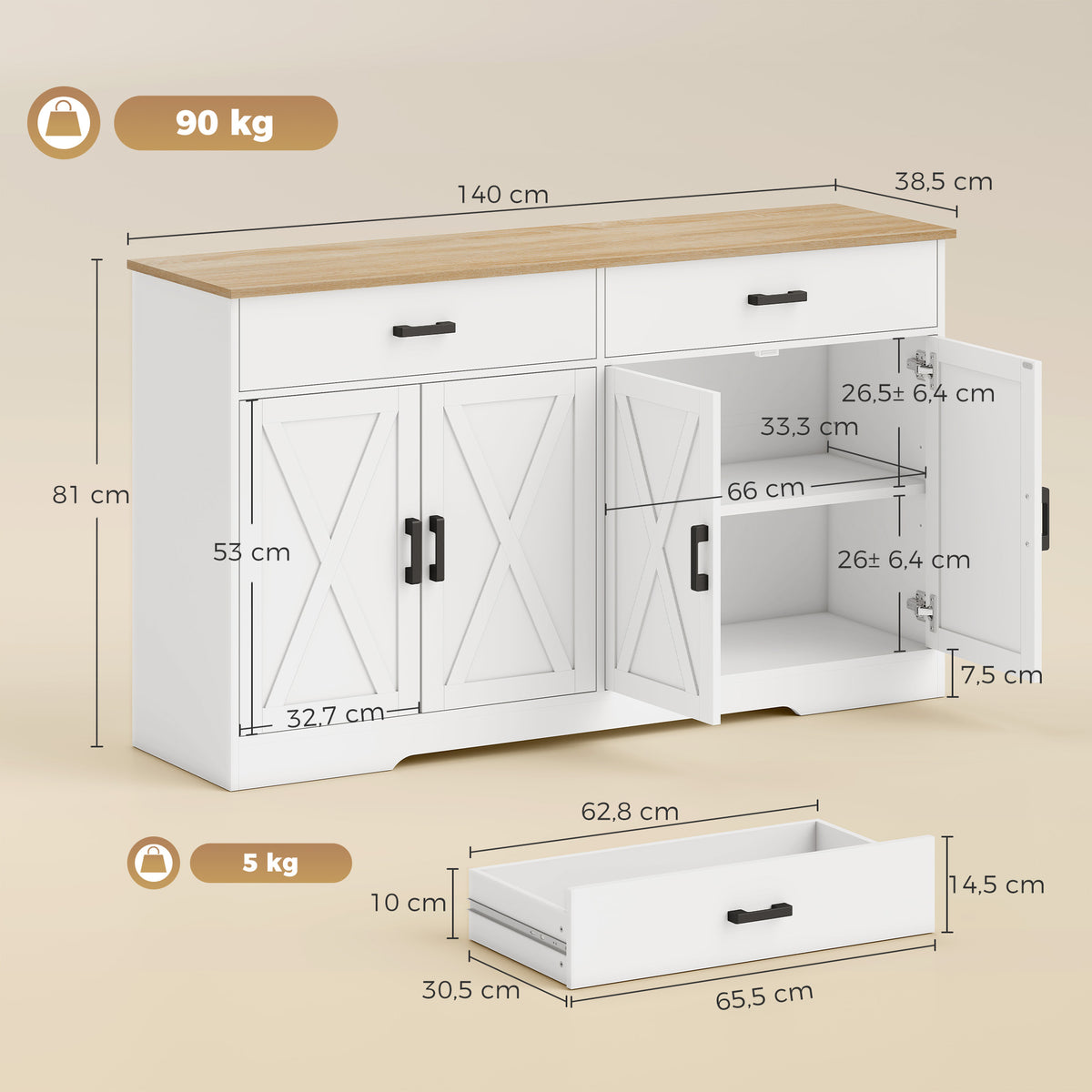 Sideboard Buffet Schrank, 140 cm Farmhaus Küchen-Schrank mit 2 Schubladen und 2 Schränken, Weiß