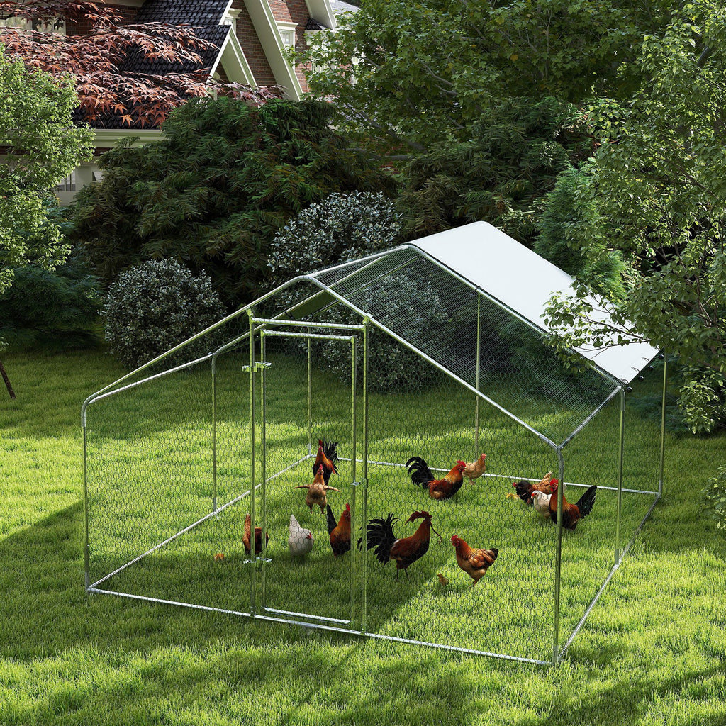 Hühnerstall mit UV-beständigem wasserdichtem Tuch, Sicherheitsschloss, für 10-15 Hühner, Stahl, 3 x 3,4 x 1,9 m, Silber
