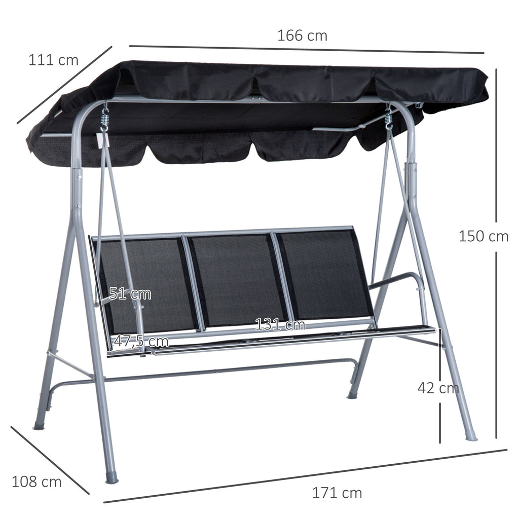  Hollywoodschaukel mit verstellbarem Sonnendach, 3-Sitzer Gartenschaukel mit Anti-Rutsch-Füßen, Schaukelbank belastbar bis 240 kg, Gartenliege für Garten, Terrasse, 171x108x154cm, Schwarz
