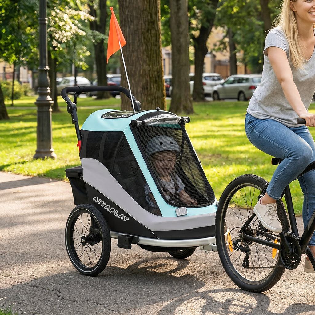 2 in 1 Fahrradanhänger & Buggy Faltbar Kinderfahrradanhänger mit 5-Punkt Gurt Reflektoren 16-Zoll-Luftreifen Bremse