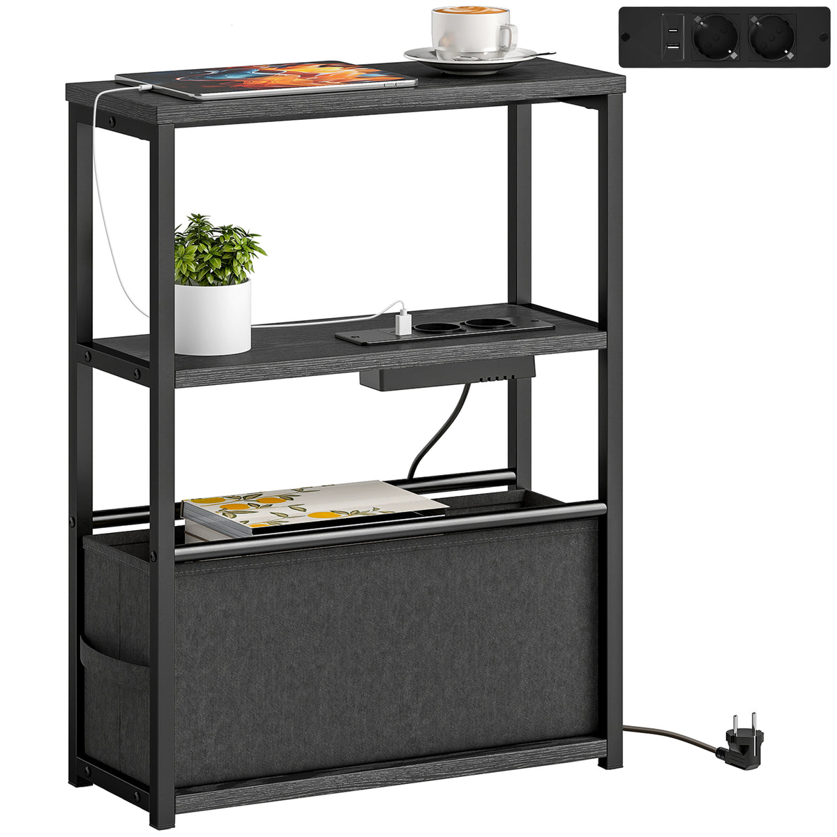 Beistelltisch Sofatisch mit Steckdosenleiste, Ablage, f¨¹r Kleine R?ume, 45x18x60,2cm, Schwarz
