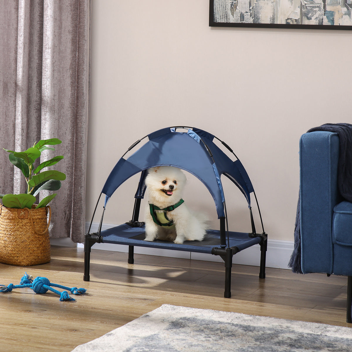 Haustierbett Outdoor-Hundebett, wetterbeständig, mit Baldachin, 61cm x 46 cm x 62 cm, Blau + Schwarz