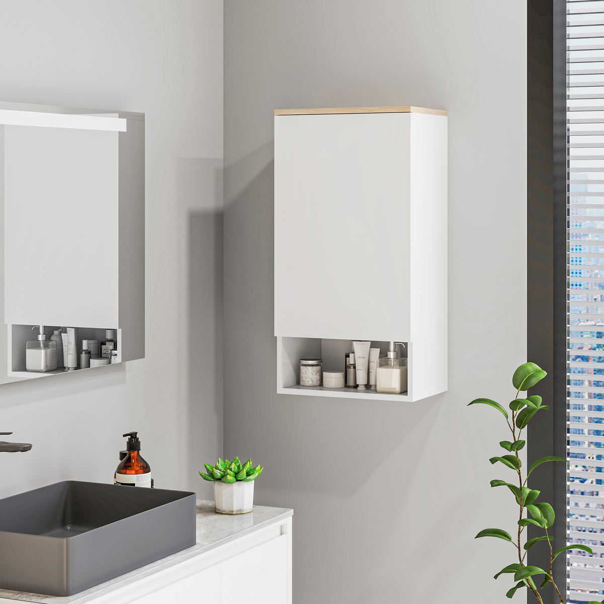Wandmontierter Badezimmerschrank, Wandschrank f¨¹r Badezimmer mit verstellbaren Ablagen, offenem Fach, Holz, Wei?