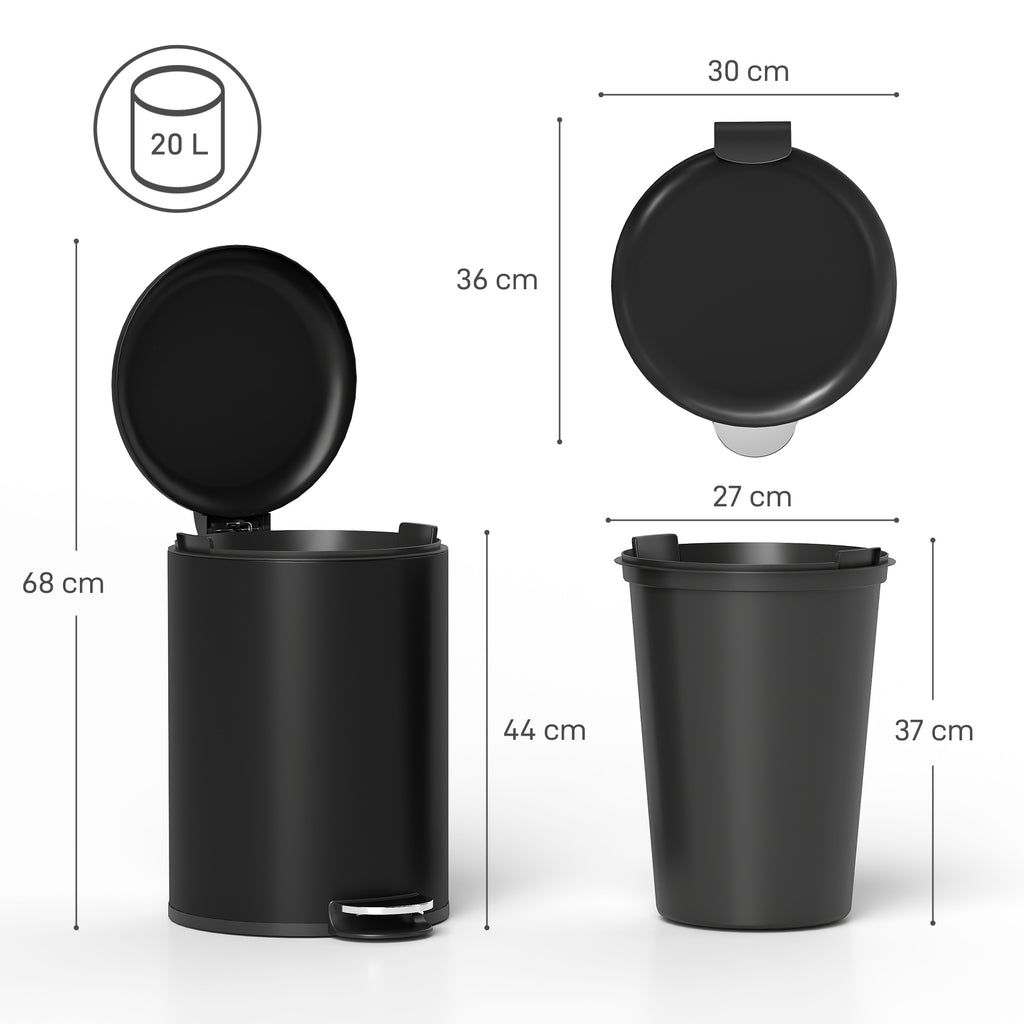 20-Liter Küchen-Mülleimer, Fingerabdruckresistenter Metall-Abfalleimer mit Soft-Close-Deckel, Fußpedal und herausnehmbarem Eimer, Schwarz