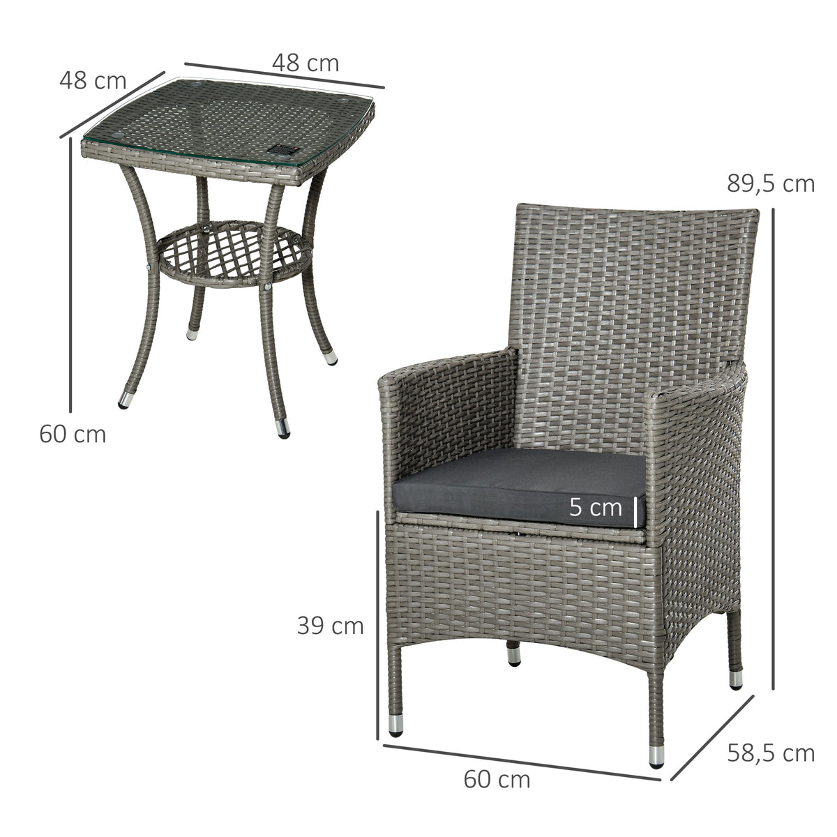 Polyrattan Gartenm?bel Set, Outdoor Lounge Balkonm?bel f¨¹r 2 Personen, 3-teilig Sitzgruppe, 2 St¨¹hle, Tisch Sitzkissen, Gartenlounge f¨¹r Garten, Terrasse, Balkon, Grau
