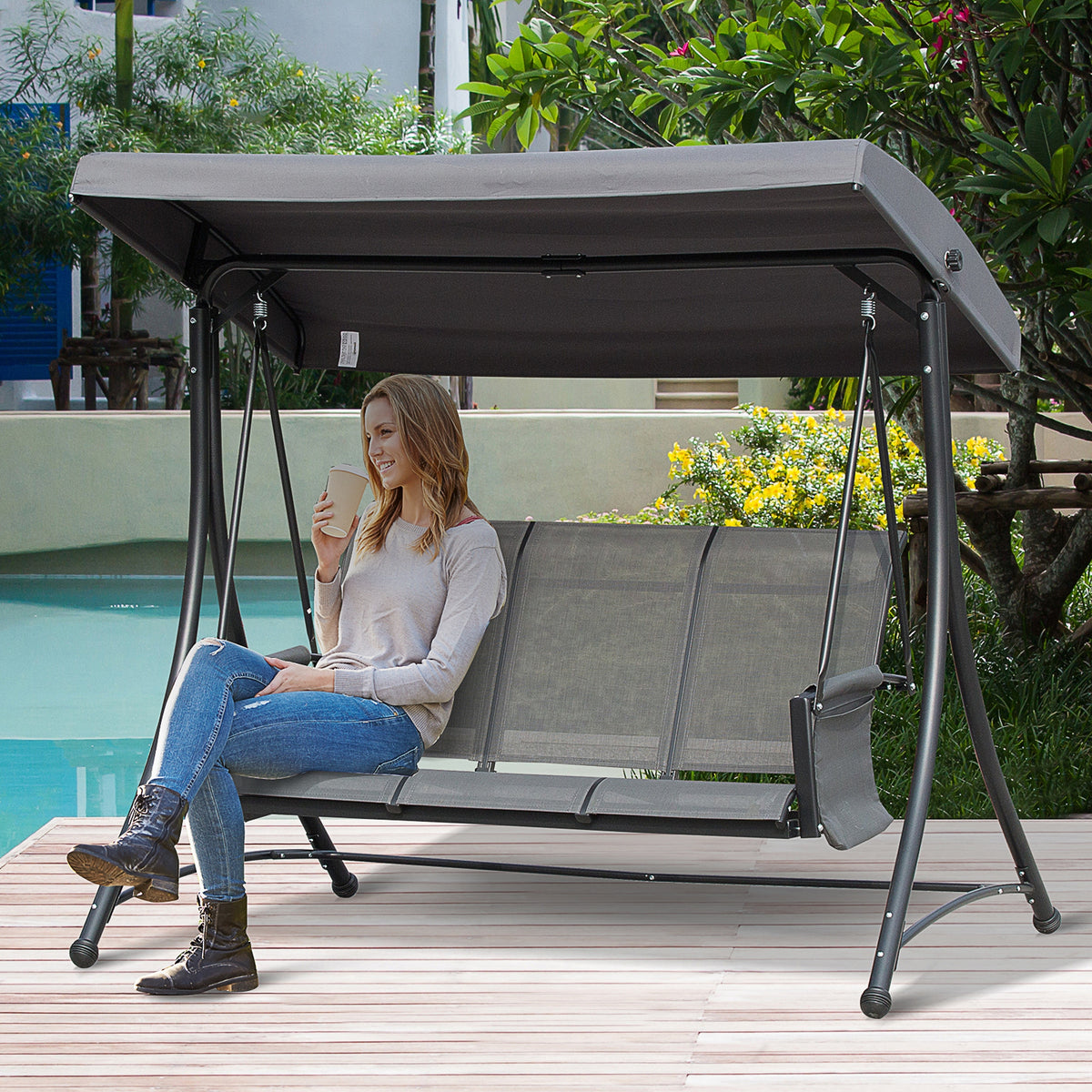3 Person Outdoor Patio Porch Swing Chair with High Back Design, Side Pouches and Adjustable Canopy, Charcoal Grey