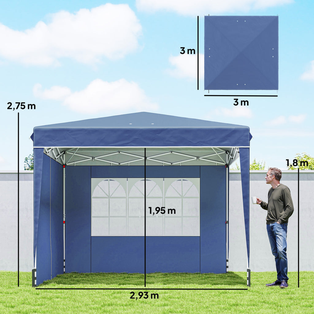 Pavillon 3 x3 m Wasserdicht höhenverstellbar Pop-up Faltpavillon mit 2 Seitenteilen, UV 50+ Faltbar Dunkelblau