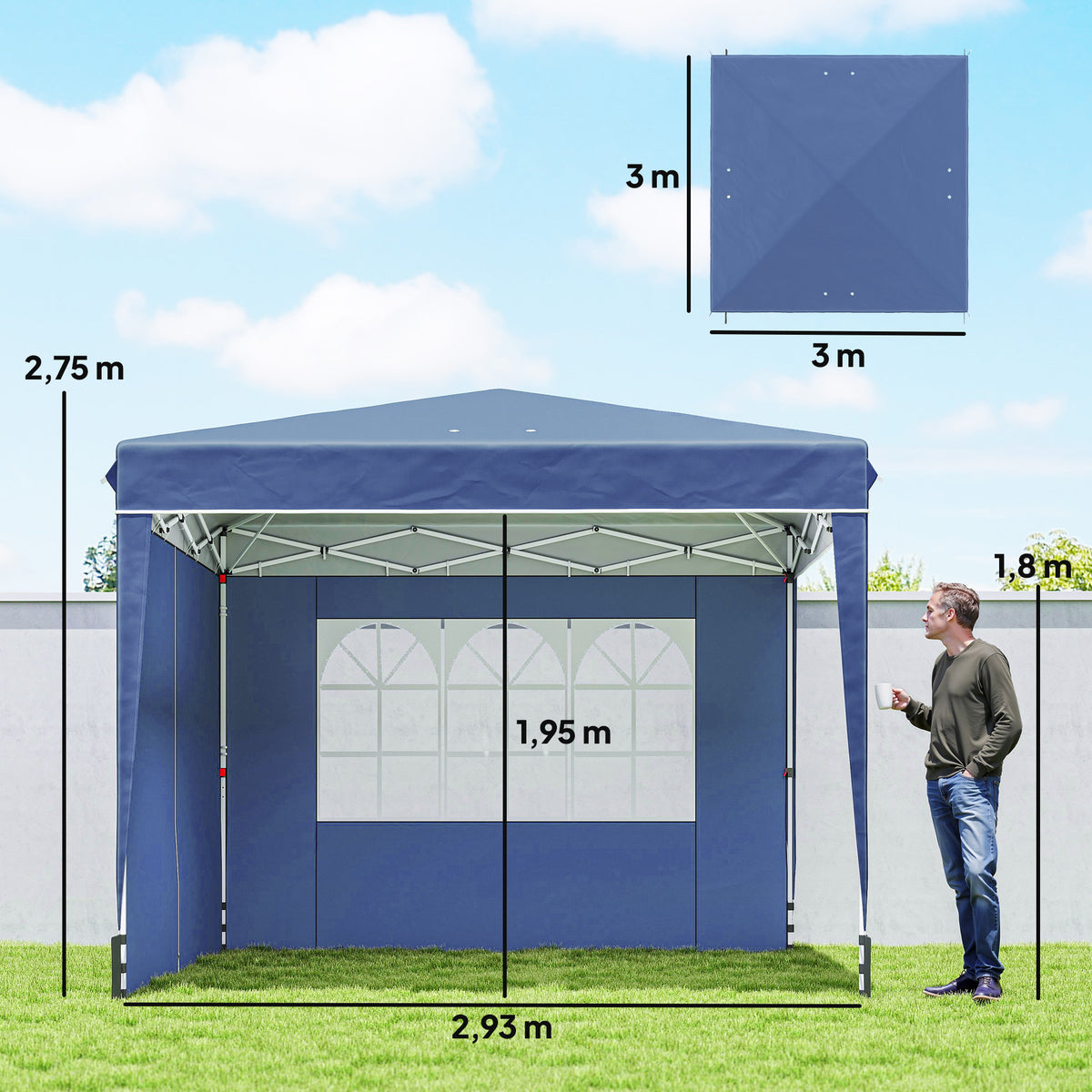 Pavillon 3 x3 m Wasserdicht höhenverstellbar Pop-up Faltpavillon mit 2 Seitenteilen, UV 50+ Faltbar Dunkelblau