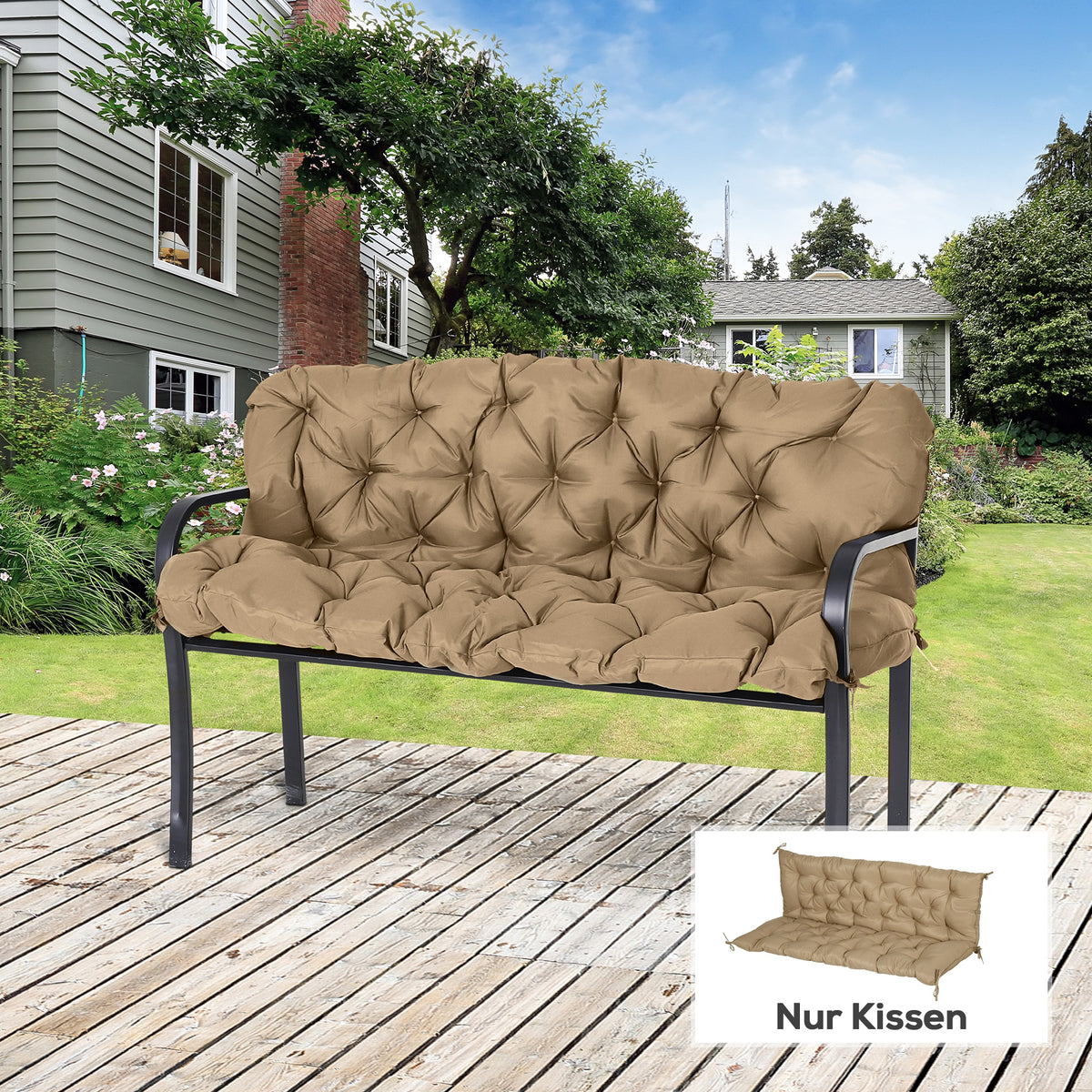 3 Sitzer Bankauflage 150x98x8 cm Bankkissen mit B?ndern, Bankpolster f¨¹r Gartenm?bel Hollywoodschaukel, Khaki