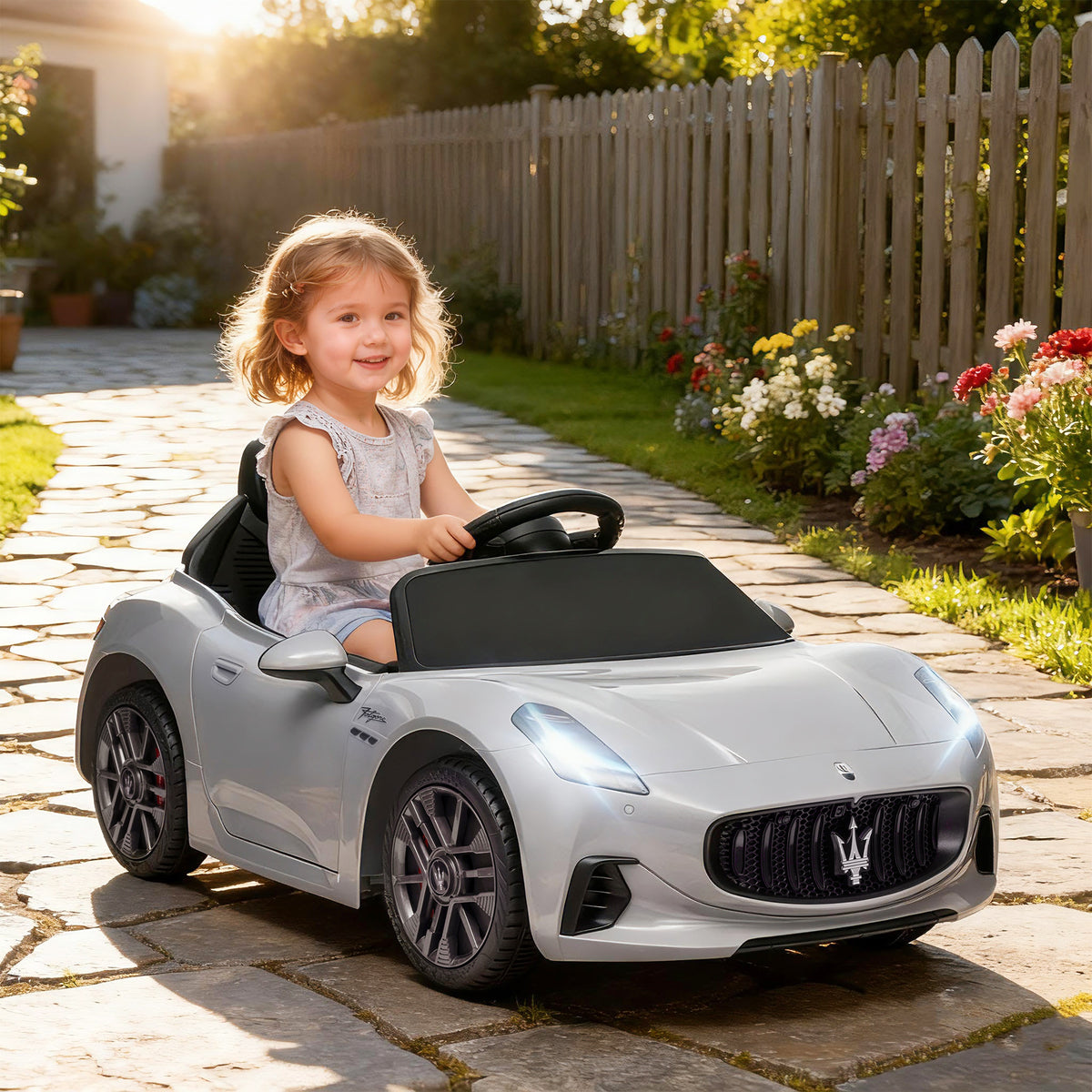 12V Kinder-Elektroauto, Kinderfahrzeug mit LED-Lichtern, Musik, Hupe, für Kinder von 3-5 Jahren, Grau