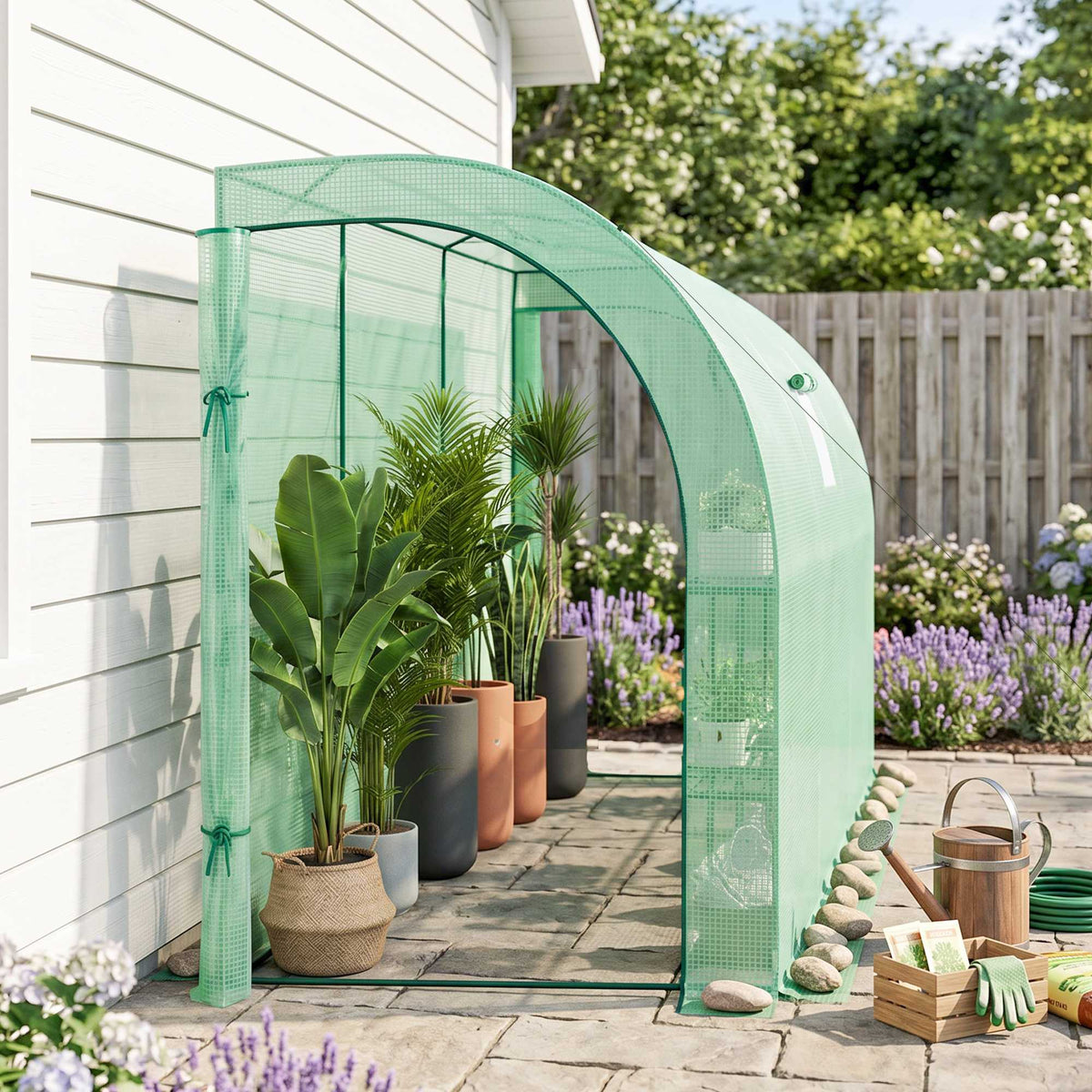 Walk-In Lean to Greenhouse with Windows and Zippered Doors, 2 Tiers 6 Wired Shelves 300L x 150W x 213Hcm Green