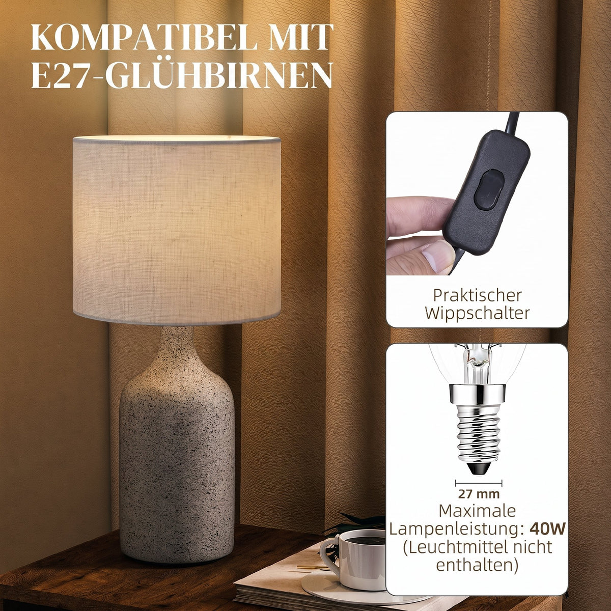 Tischlampe Tischleuchte Vintage Keramiksockel Sandfarben+Beige