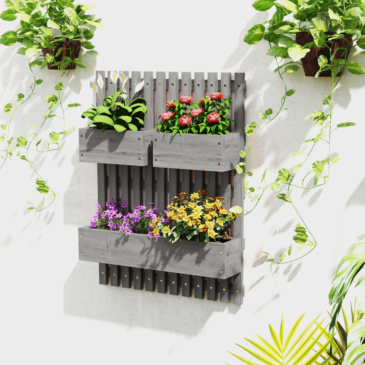 Wall-mounted Wooden Garden Planters with Trellis, Drainage Holes and 3 Planter Boxes for Patio, Grey