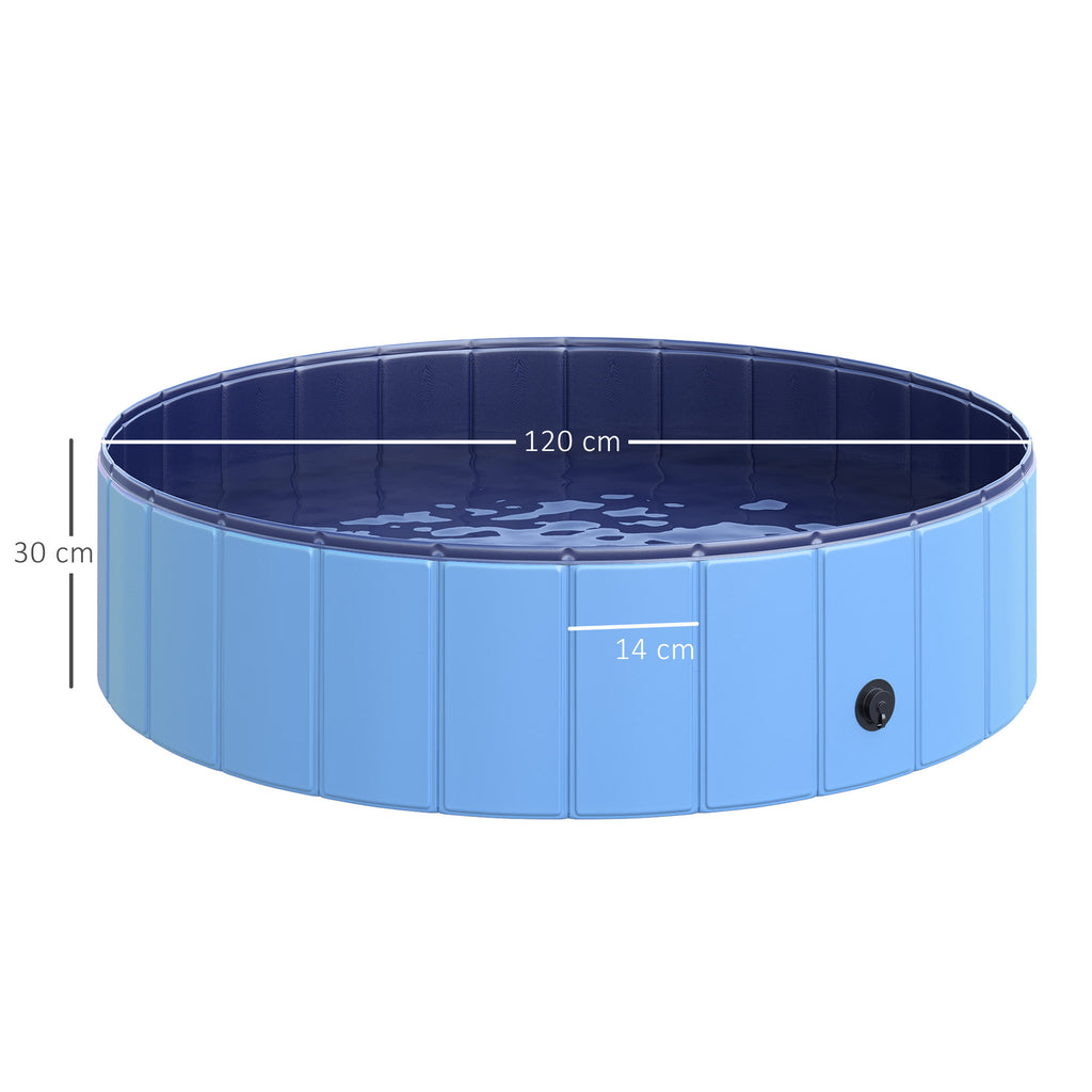 Dog Paddling Pool, Foldable Dog Pool, Leakproof & Hard Plastic, Portable Pet Bathtub with Non-Slip Base & Drainage Hole, for Indoors, Outdoors, Garden, Patio, 120 x 30 cm, Blue