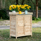Gartenschrank mit 2 Fächern, Metall-Arbeitsplatte mit Aufkantung, Naturholz, 83 x 40 x 92 cm