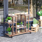 4-Tier Plant Stand with Wheels and Brakes, Floor-standing Wooden Flower Rack, for Indoor & Outdoor Garden Balcony Living Room, 124 x 33 x 80 cm