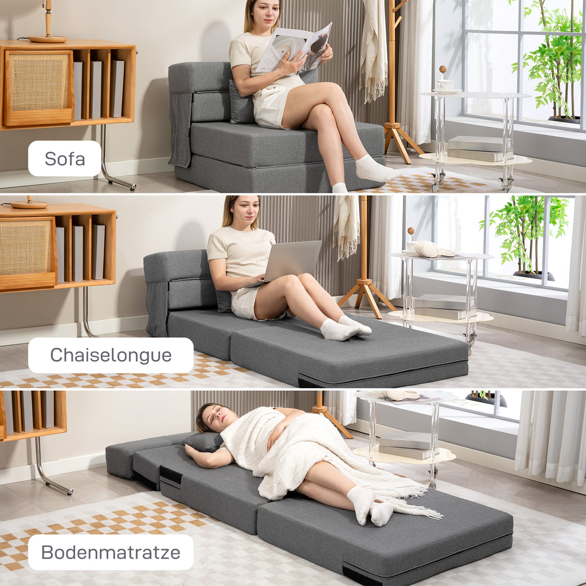 3 in 1 Schlafsessel mit Leinenoptik 80 x 80 x 64 cm Dunkelgrau