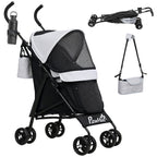 Foldable Dog Stroller, Lightweight Dog Pram w/ Shoulder Strap, Storage Bag, Cup Holder, Light Grey