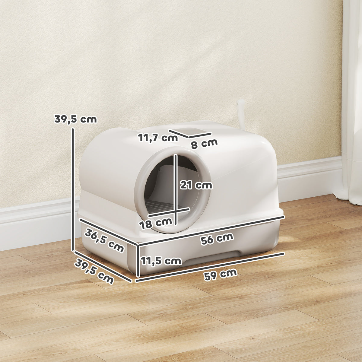 Katzentoilette mit Deckel Schaufel ausziehbares Tablett 2 Aktivkohlefilter für Katzen bis 5 kg 59x39,5x39,5cm Weiß+Grau