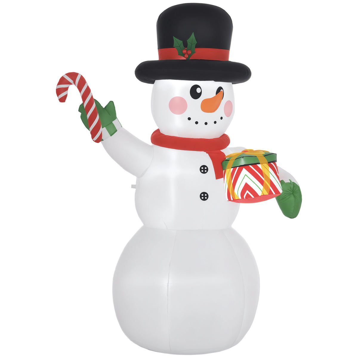 1,80 m Schneemann mit Zuckerstange & Geschenk, selbstaufblasbar, LEDs, wetterfest