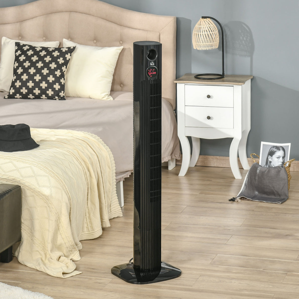 Turmventilator mit Fernbedienung 45W 70° Oszillation Säulenventilator Ventilator mit Aroma-Diffusor Timer-Funktion 3 Belüftungsstufen Schwarz