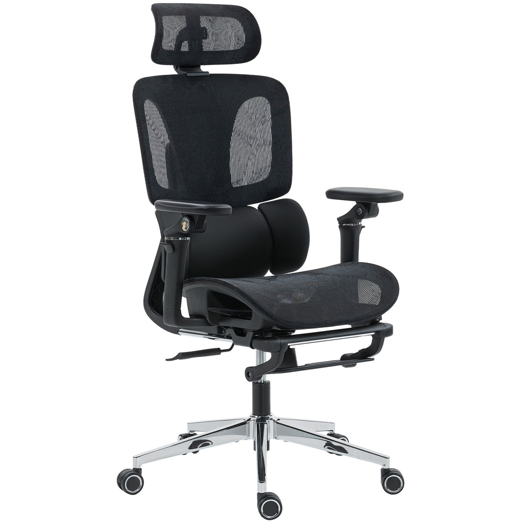 Bürostuhl Ergonomisch Schreibtischstuhl mit verstellbar Lenden- und Kopfstütze 6D-Klapparmlehnen Fußstütze Netz Schwarz