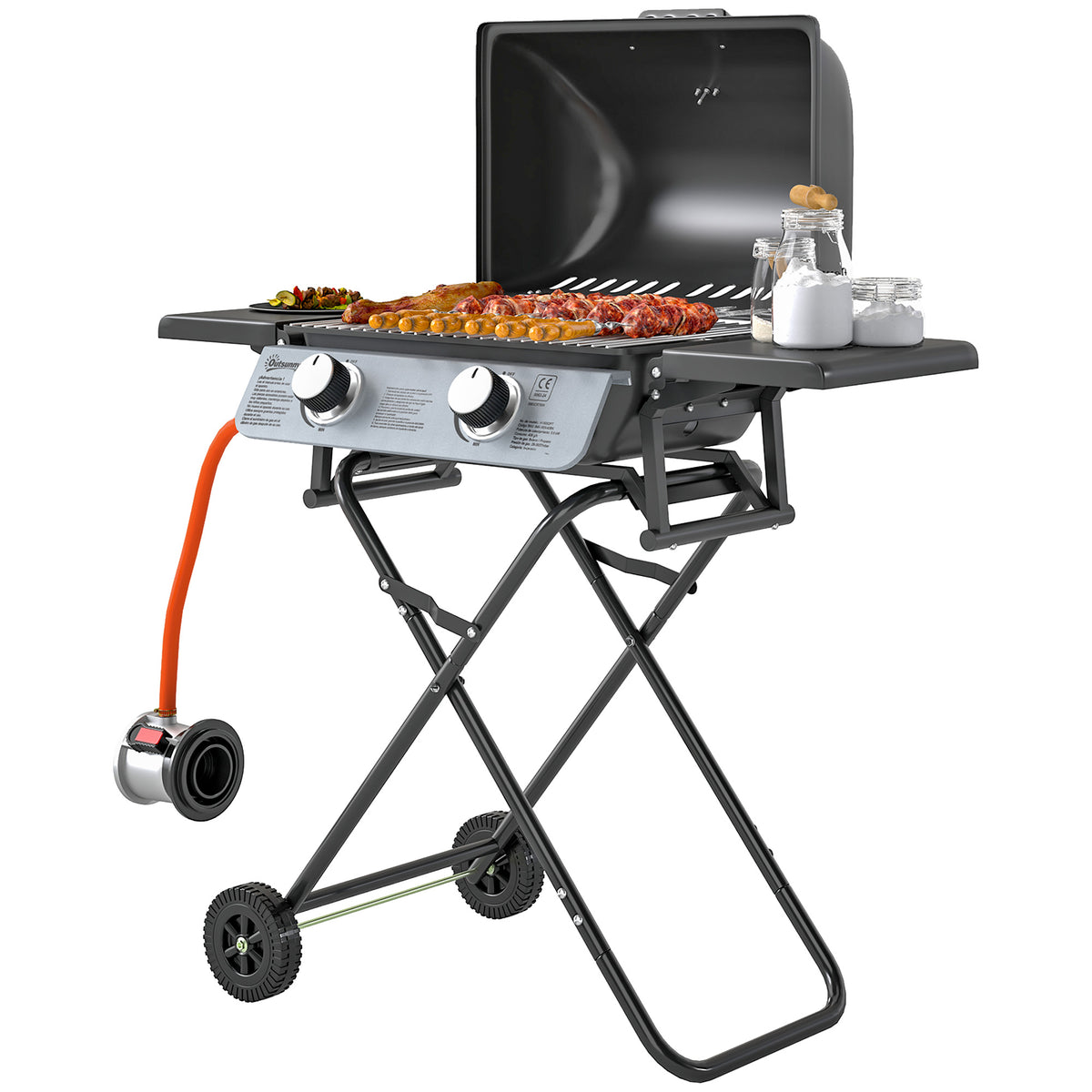 Gasgrill 5,6 KW Grillwagen inkl 2 Edelstahl-Brenner klappbar Seitenablagen Rolle 101 x 50 x 102 cm Schwarz