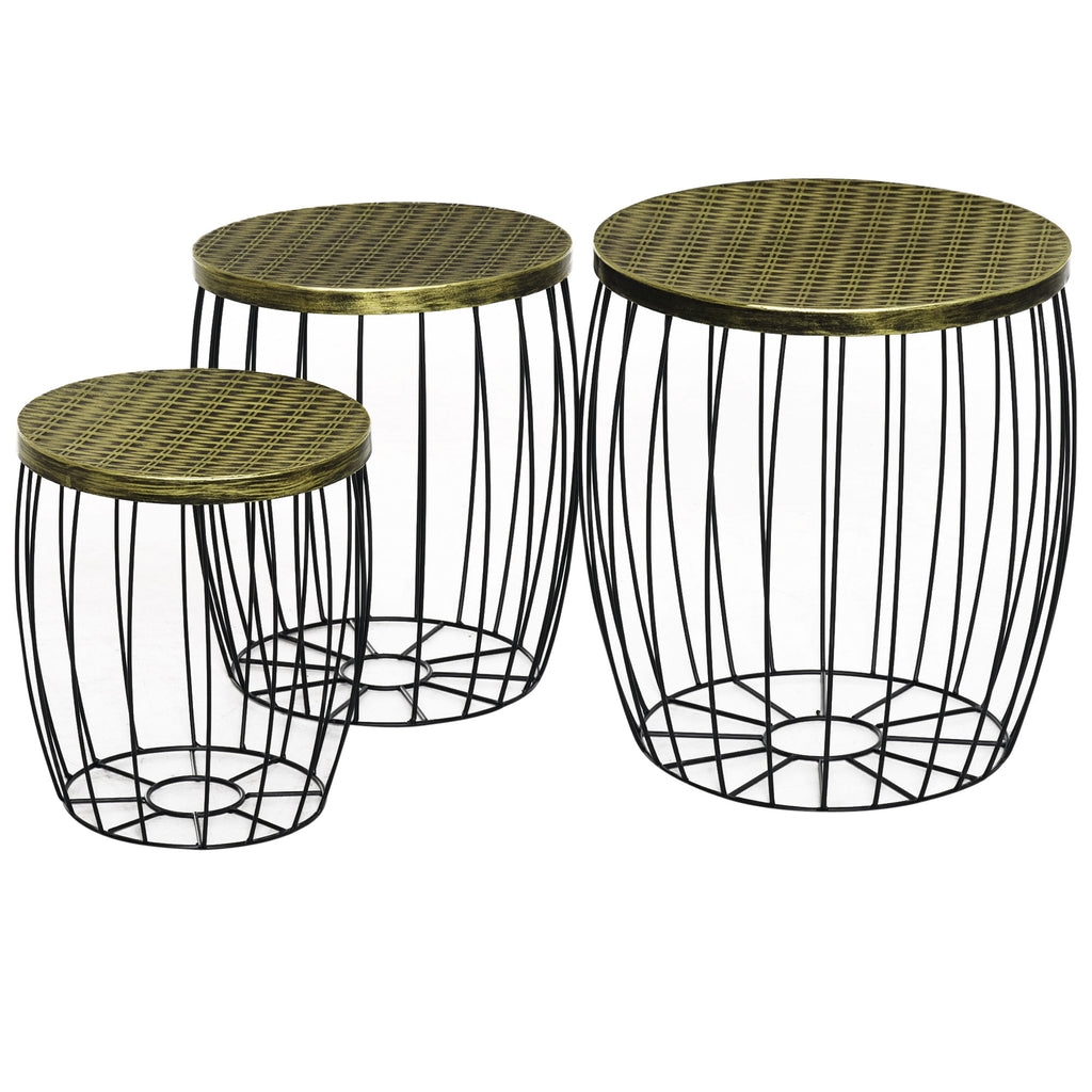  3er-Set Couchtische Beistelltische Gartentisch Retro Metallkorb Drahtkorb Garten Satztisch Gartenmöbel Outdoor Balkon Metall Natur+Schwarz 3 Größen
