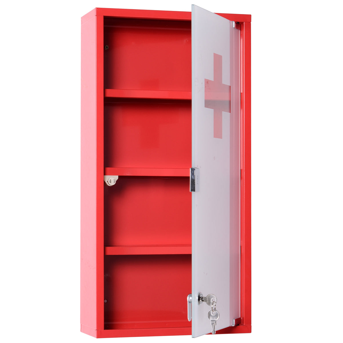 Red Steel wall mounted Medicine Cabinet with 3 shelves + Security Glass Door Lockable 60 cm(H)