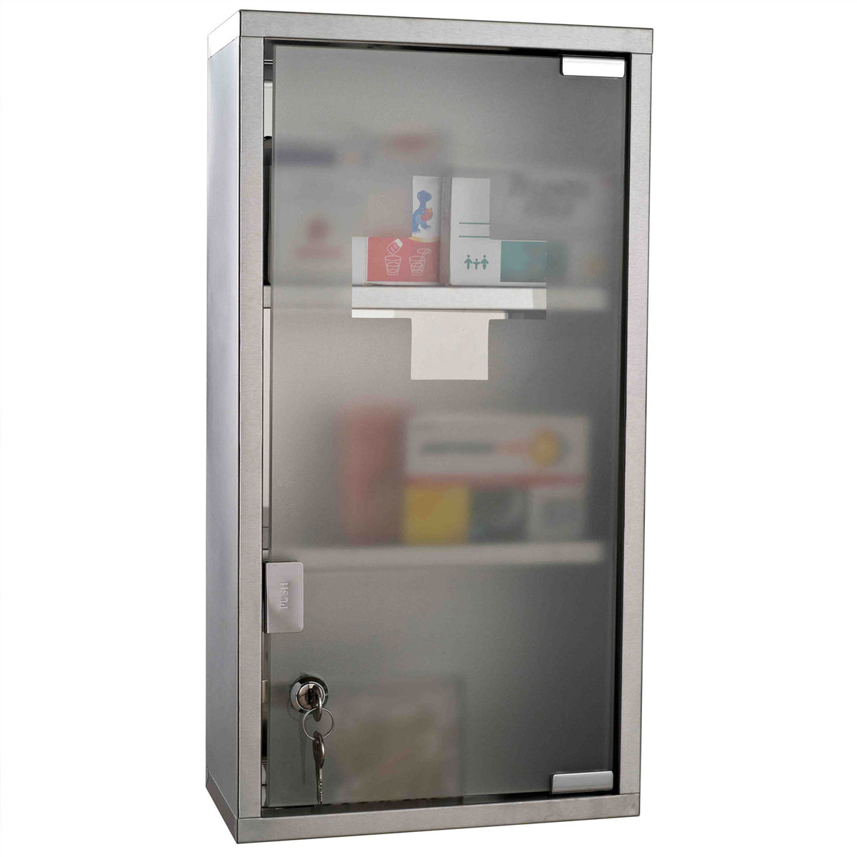 Medizinschrank aus Edelstahl Arzneischrank zur Medikamenten-Aufbewahrung, Abschlie?bar Medikamentenschrank mit 3 F?cher, Glast¨¹r 25 x 12 x 48 cm, Silber