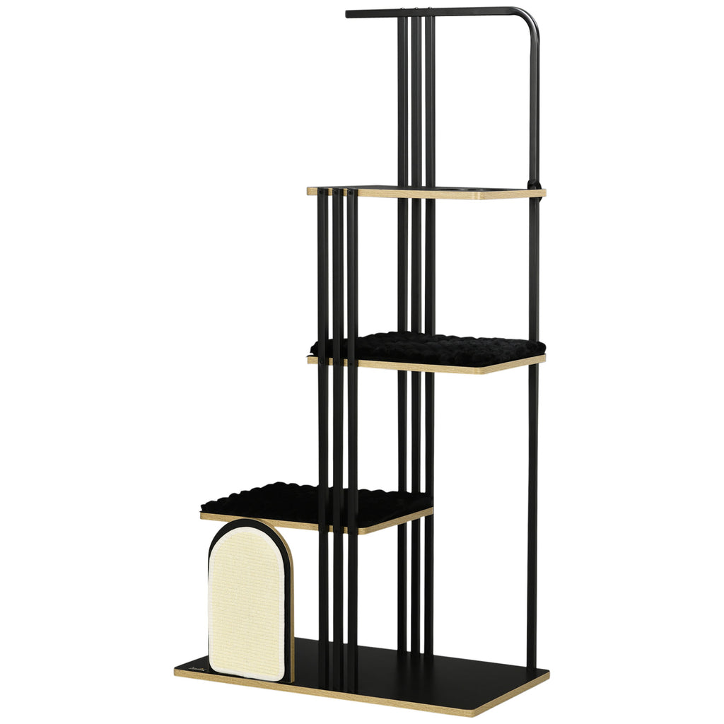 Kratzbaum, Industrial Design, 3 Plattformen, 2 Liegekissen, Kratzwand, Stahlrahmen, schwarz, 85 x 48 x 170 cm