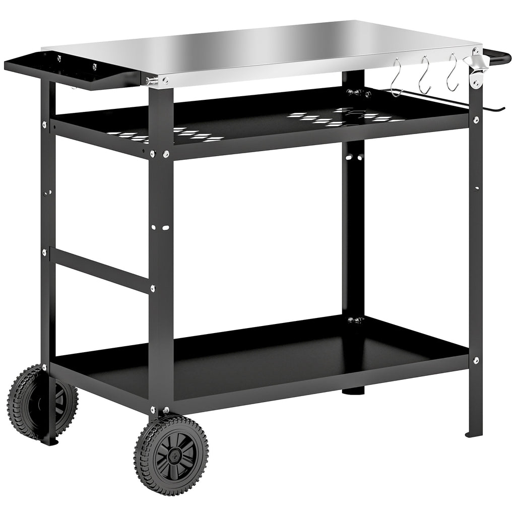 Grillwagen 3-Etagen Servierwagen mit Arbeitsfl?che Griffe H¨¹lle R?der, BBQ Grilltisch Edelstahl 100x52x80cm Schwarz