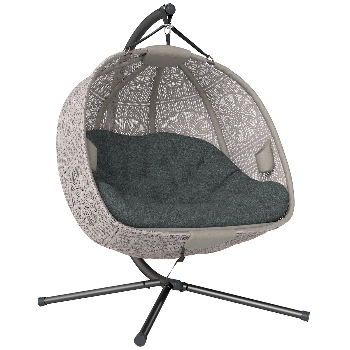 Hängesessel mit Gestell, Eiförmiger Hängeschaukel mit abnehmbarem waschbarem Kissen, Hängematte für 2 Personen, Schaukelsessel Indoor Outdoor, Sand+Schwarz