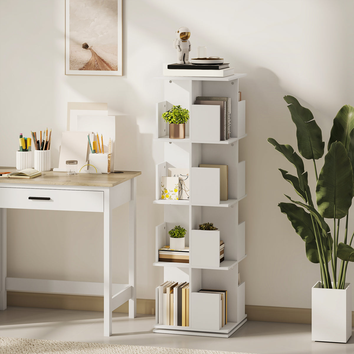 Drehbares Bücherregal mit 4 Ebenen, 16 Fächer, leicht zugänglich, für Schlafzimmer, Wohnzimmer, Arbeitszimmer, Spanplatte, Weiß