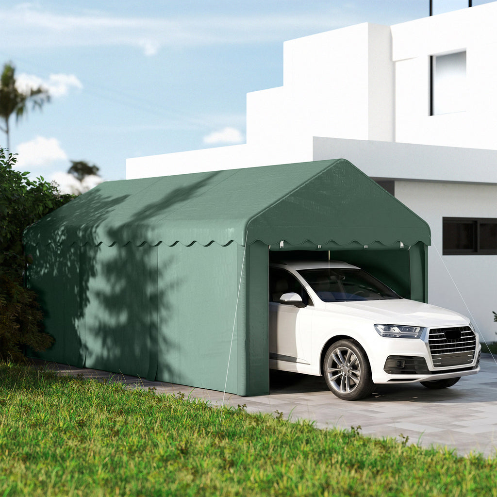 3x6 m Tragbarer Carport, Fahrzeugunterstand mit 2 Eingängen, Polyesterdach, für Autos, Boote, Gartengeräte, Dunkelgrün
