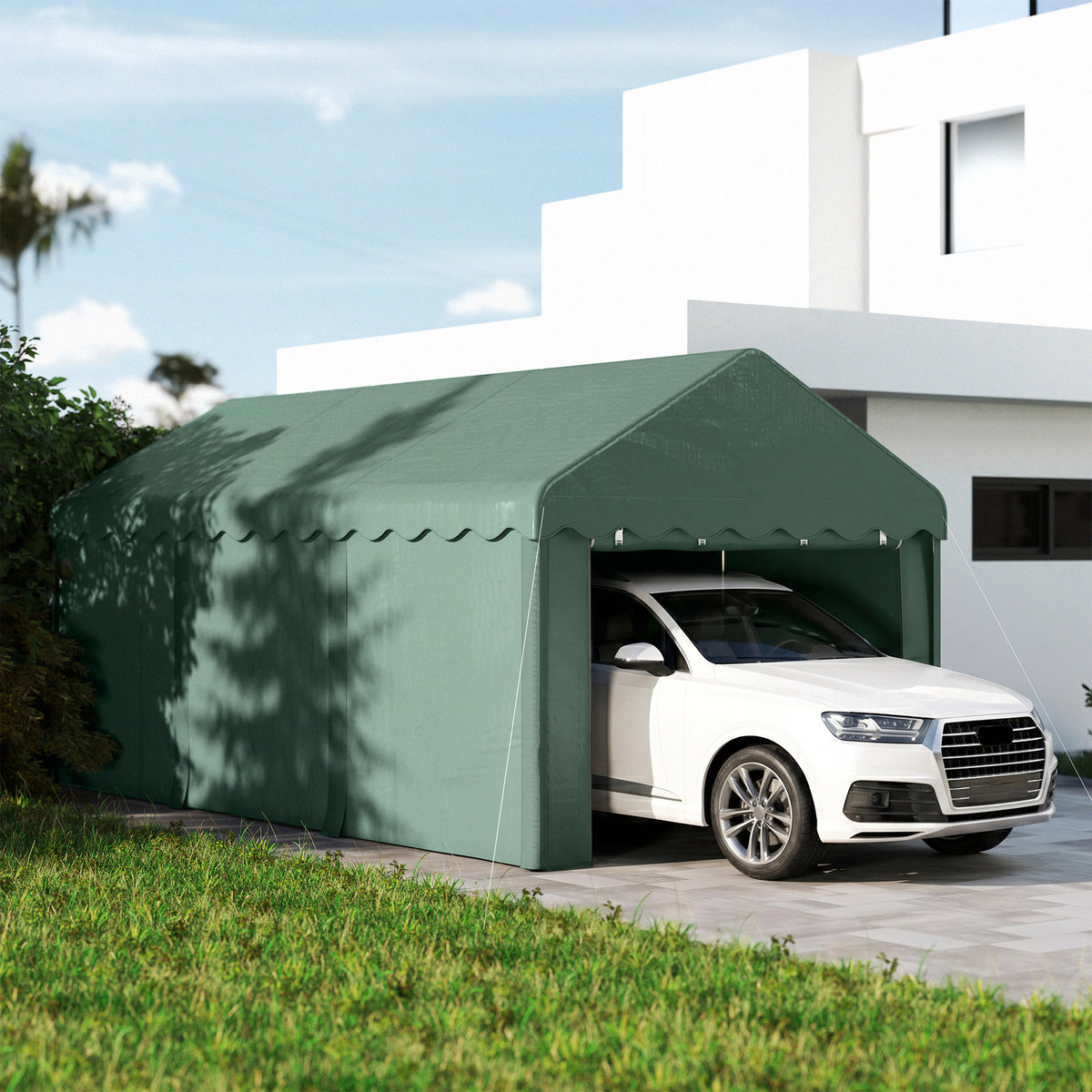 3x6 m Tragbarer Carport, Fahrzeugunterstand mit 2 Eingängen, Polyesterdach, für Autos, Boote, Gartengeräte, Dunkelgrün