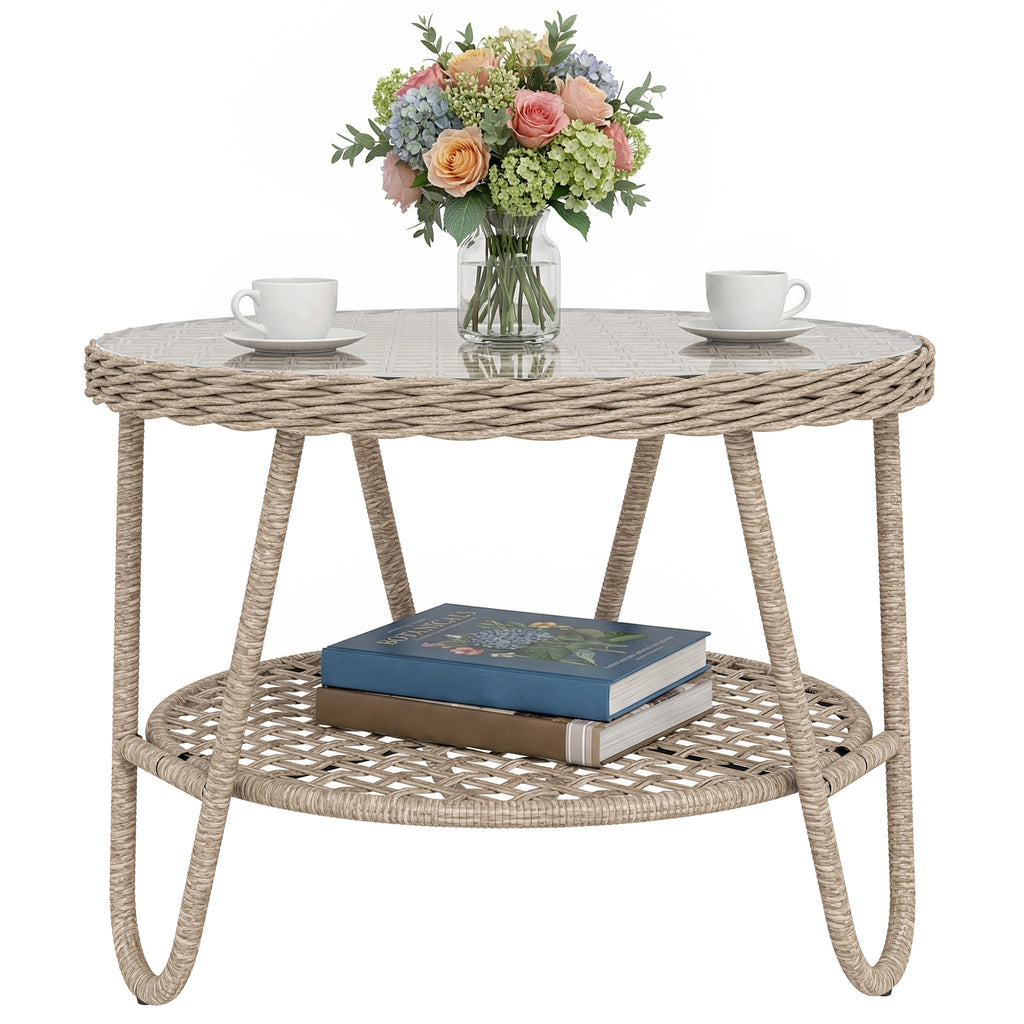 Beistelltisch aus Polyrattan 2-stöckiger Kaffeetisch mit Ablage Glasplatte verstellbaren Füßen 65 x 65 x 50 cm Gelb