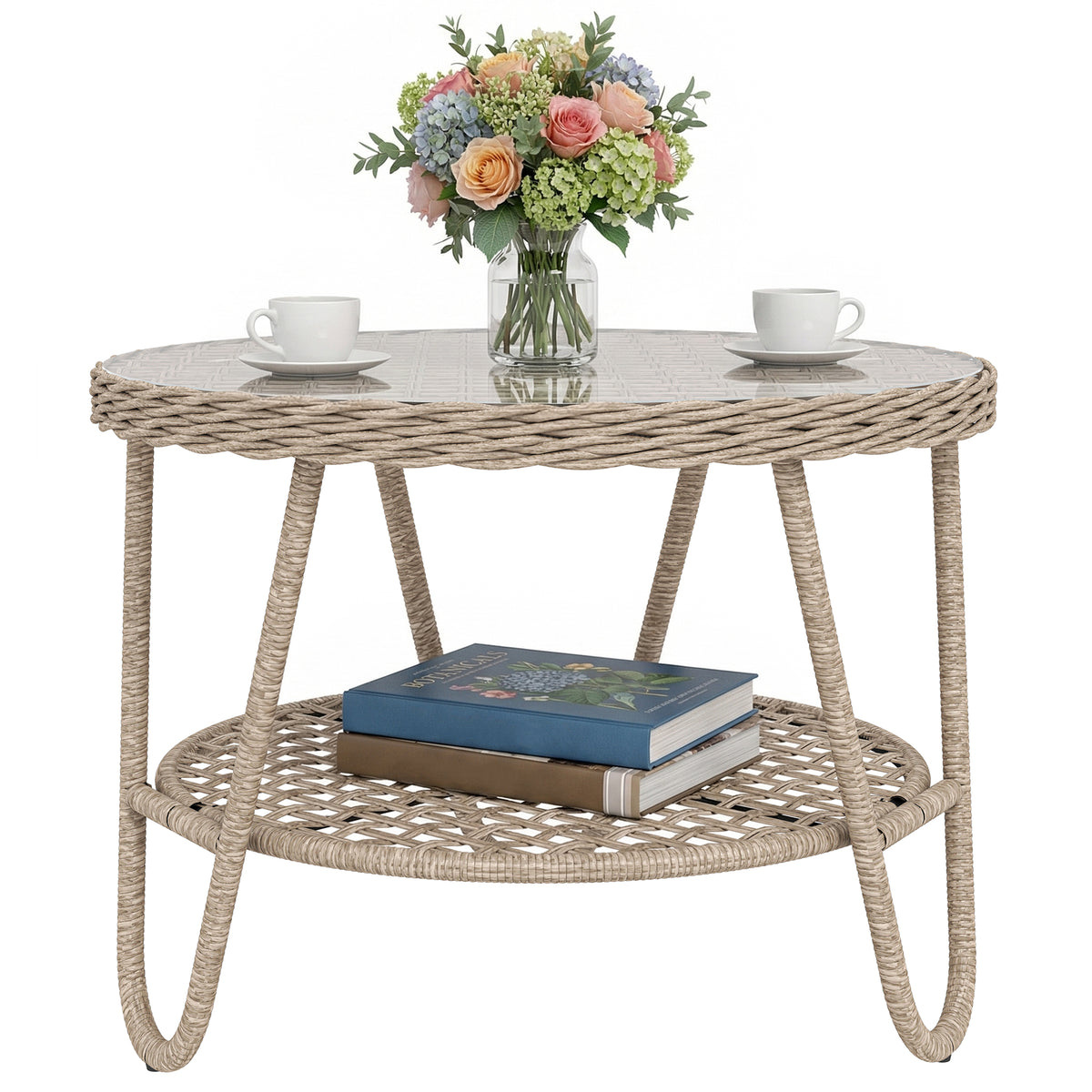 Beistelltisch aus Polyrattan 2-stöckiger Kaffeetisch mit Ablage Glasplatte verstellbaren Füßen 65 x 65 x 50 cm Gelb