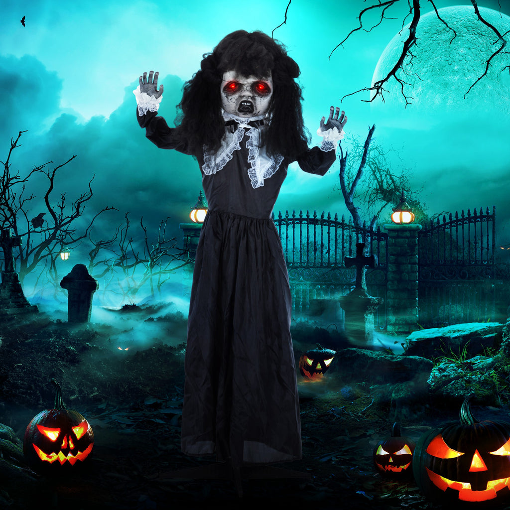 Horrorpuppe, Helloweendeko, gruselige Stimme & Musik, rote Augen, beweglich, 160 cm
