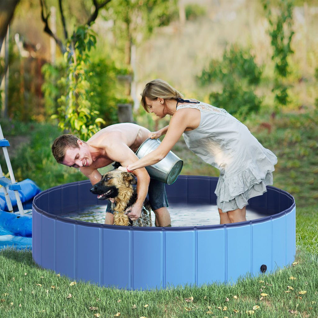  Dog Paddling Pool, Foldable Dog Pool, Leakproof & Hard Plastic, Portable Pet Bathtub with Non-Slip Base & Drainage Hole, for Indoors, Outdoors, Garden, Patio, 140 x 30 cm, Blue
