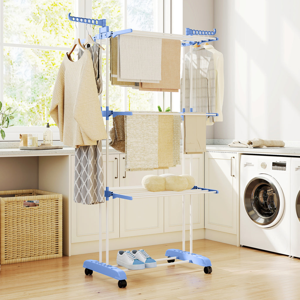Foldable Clothes Drying Rack, 4-Tier Steel Garment Laundry Rack with Castors for Indoor and Outdoor Use, Blue