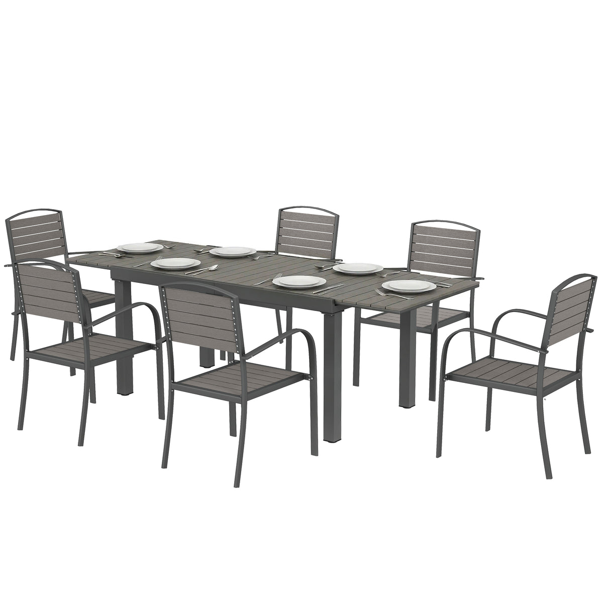 Gartenmöbel Set Sitzgruppe 7-teilig Ausziehbar Tisch mit 6 stapelbaren Stühlen Holzoptik Lamelldesign Aluminiumrahmen