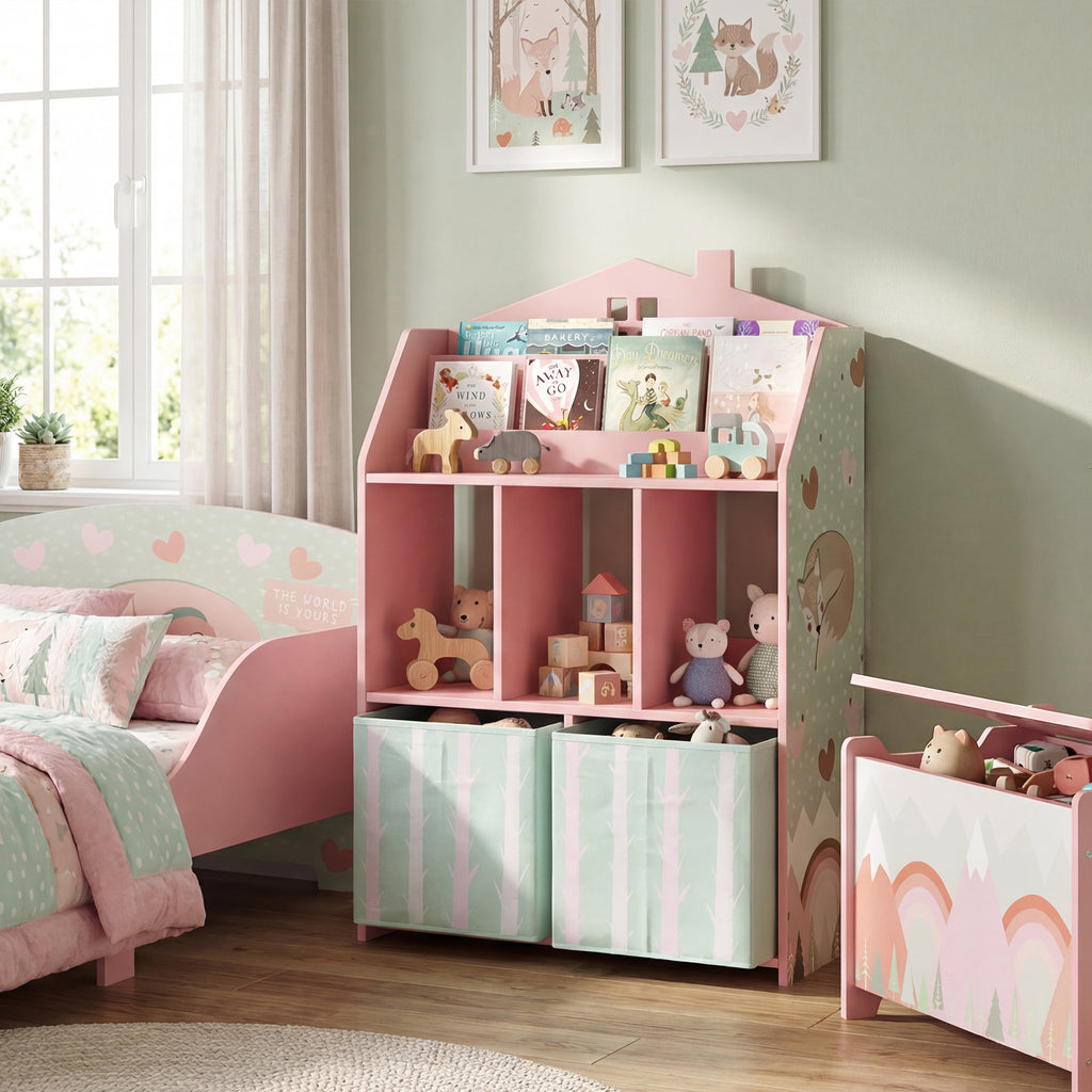 Kids Bookshelf with Storage, Toy Storage Unit with Book Display, Shelves and Fabric Drawers for Playroom Nursery, Pink